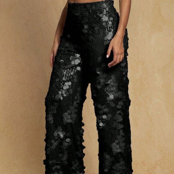 Black Party Women's High Waist Sequin detailed Wide Leg Long Pants - Picture 4 of 4